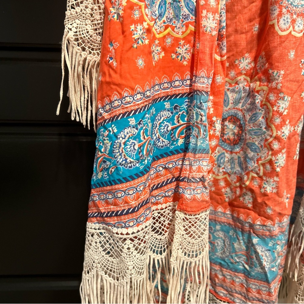 Umgee Bohemian Bright Orange and Blue Fringe Kimono Work Or Swim Cover Up - Picture 4 of 7